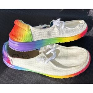 Hey Dude Wendy Pride White Rainbow Slip On Loafers Women's Size 9 Casual Shoes